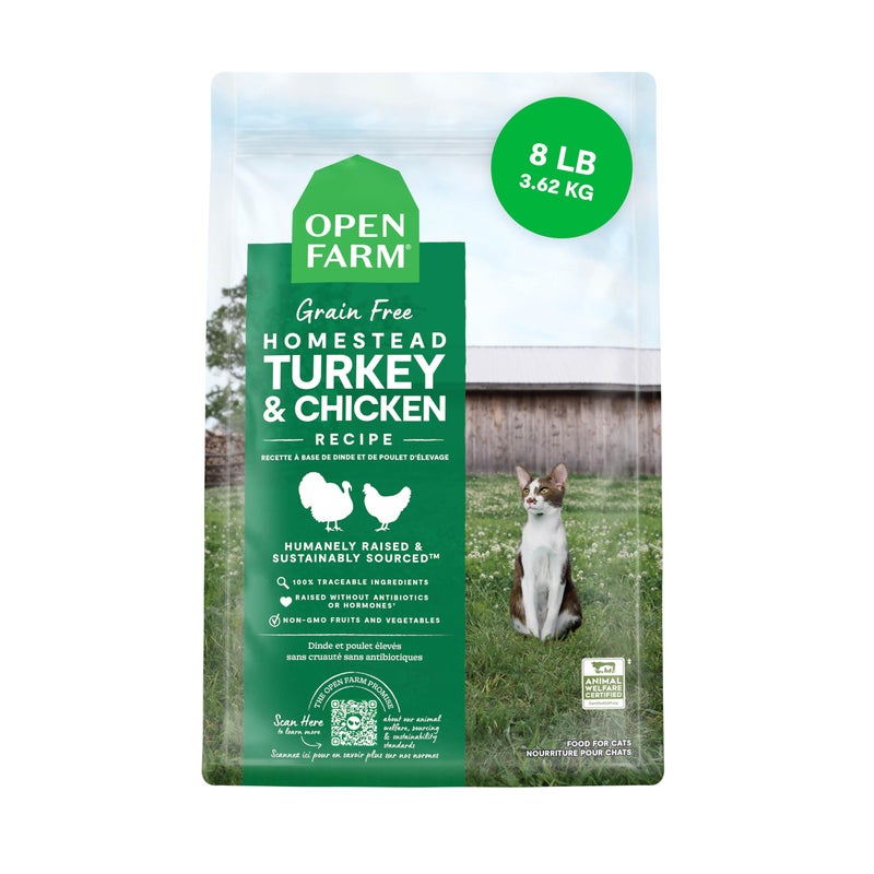Open Farm, Grain Free Dry Cat Food, High-Protein Kibble for a Complete & Balanced Diet, Non-GMO Fruits & Vegetables, Prebiotic Fibers to Support Digestion, Homestead Turkey & Chicken Recipe, 8lb Bag - Image 1